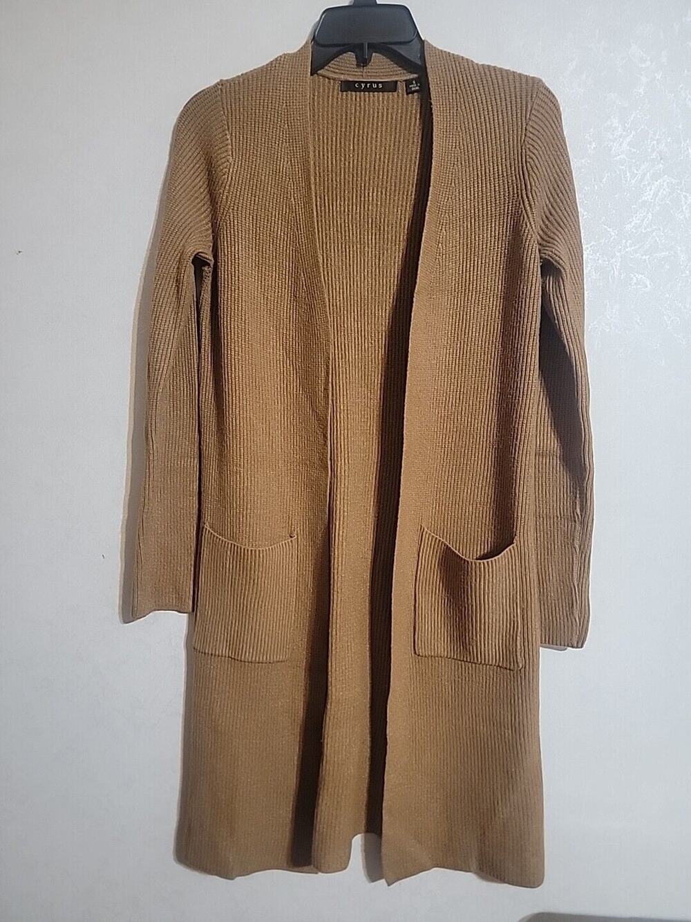Cyrus Women Brown Open Front Cardigan Ribbed Pockets sz Small Mid Leg